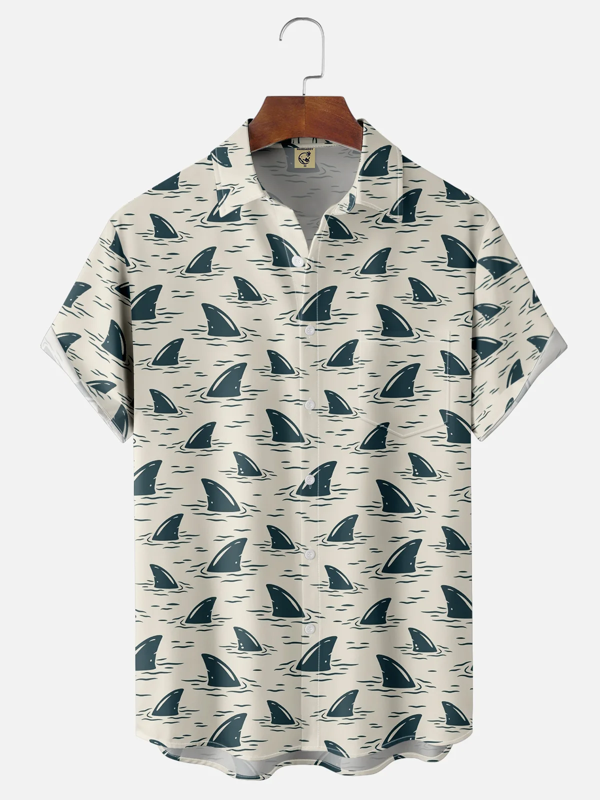 Moisture-wicking Artistic Shark Fin Illustration Chest Pocket Hawaiian Shirt