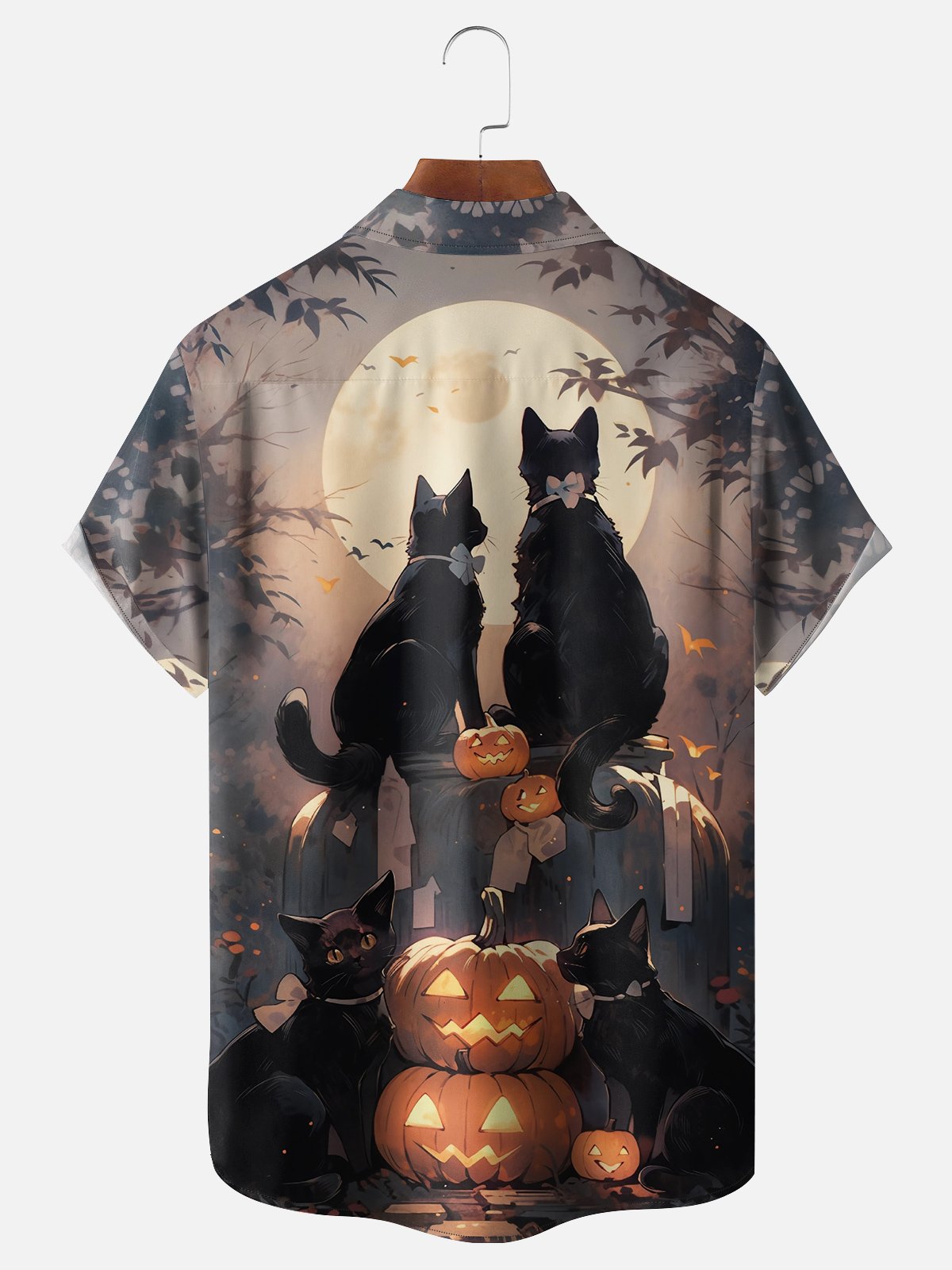 Moisture-wicking Abstract Gradient Halloween Black Cat Chest Pocket Hawaiian Shirt