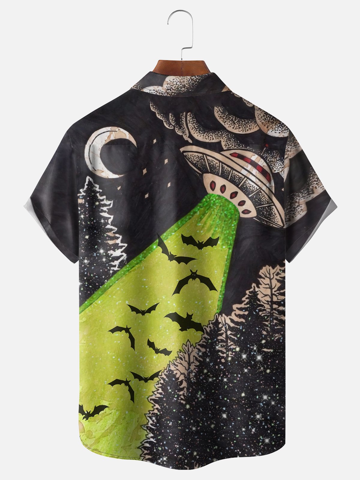 Moisture-wicking Halloween Abstract UFO Bat Chest Pocket Hawaiian Shirt