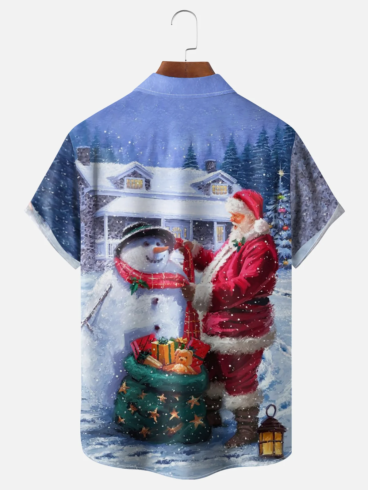 Moisture-wicking Christmas Snowman and Santa Chest Pocket Hawaiian Shirt