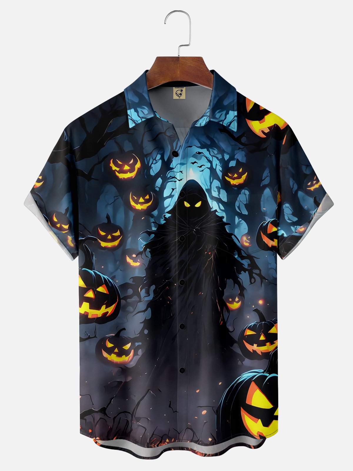 Moisture Wicking Halloween Pumpkin Ghost Chest Pocket Hawaiian Shirt