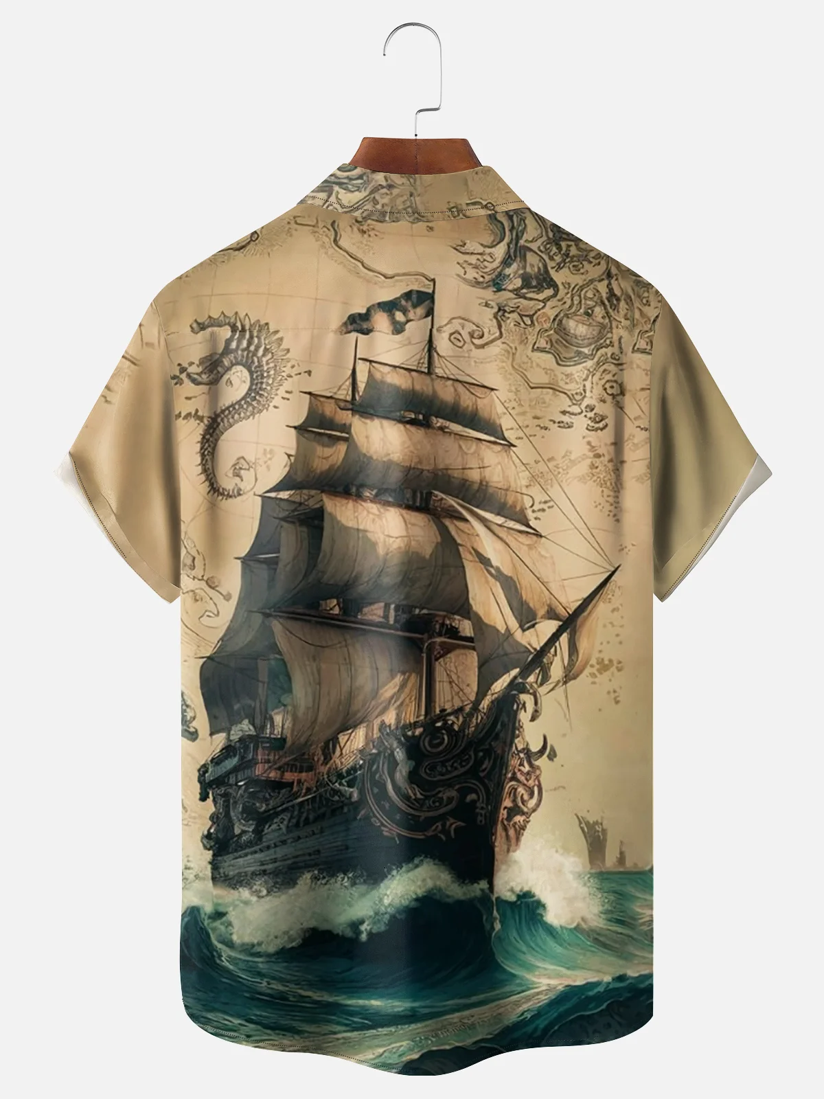 Moisture-wicking Art Map Sailboat Chest Pocket Hawaiian Shirt