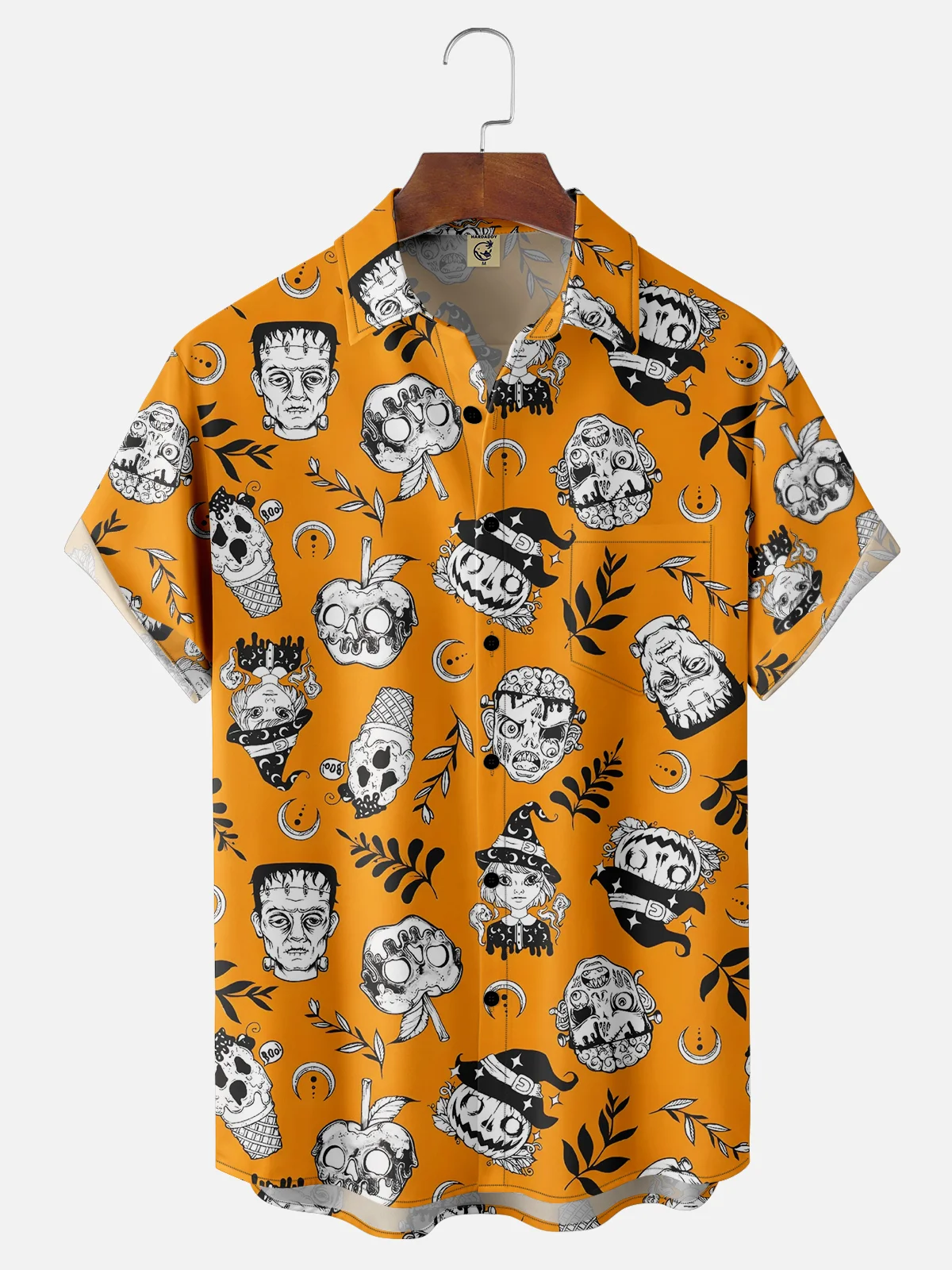 Moisture-wicking Halloween Frankenstein Pumpkin Chest Pocket Casual Shirt