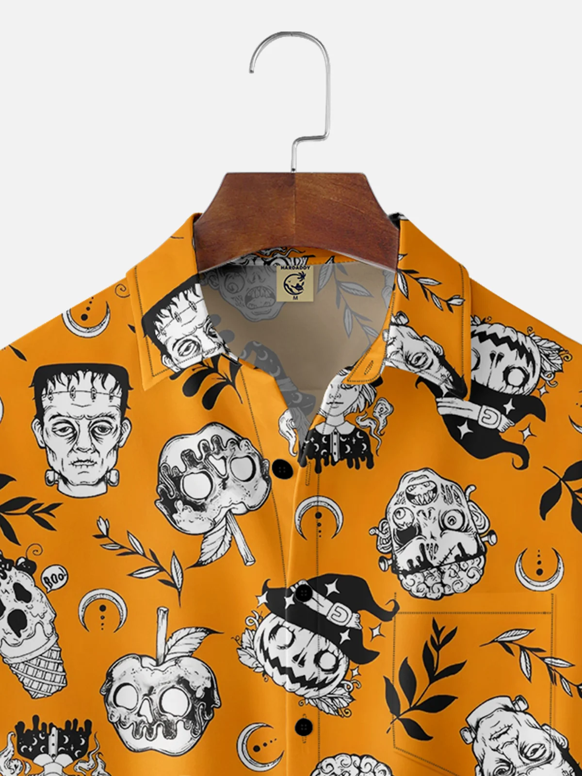 Moisture-wicking Halloween Frankenstein Pumpkin Chest Pocket Casual Shirt