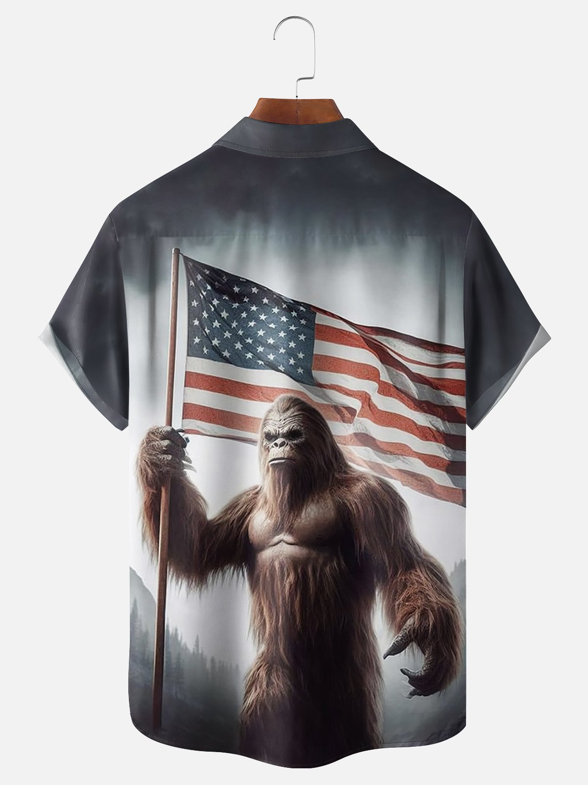 Moisture-wicking Bigfoot and American Flag Chest Pocket Hawaiian Shirt