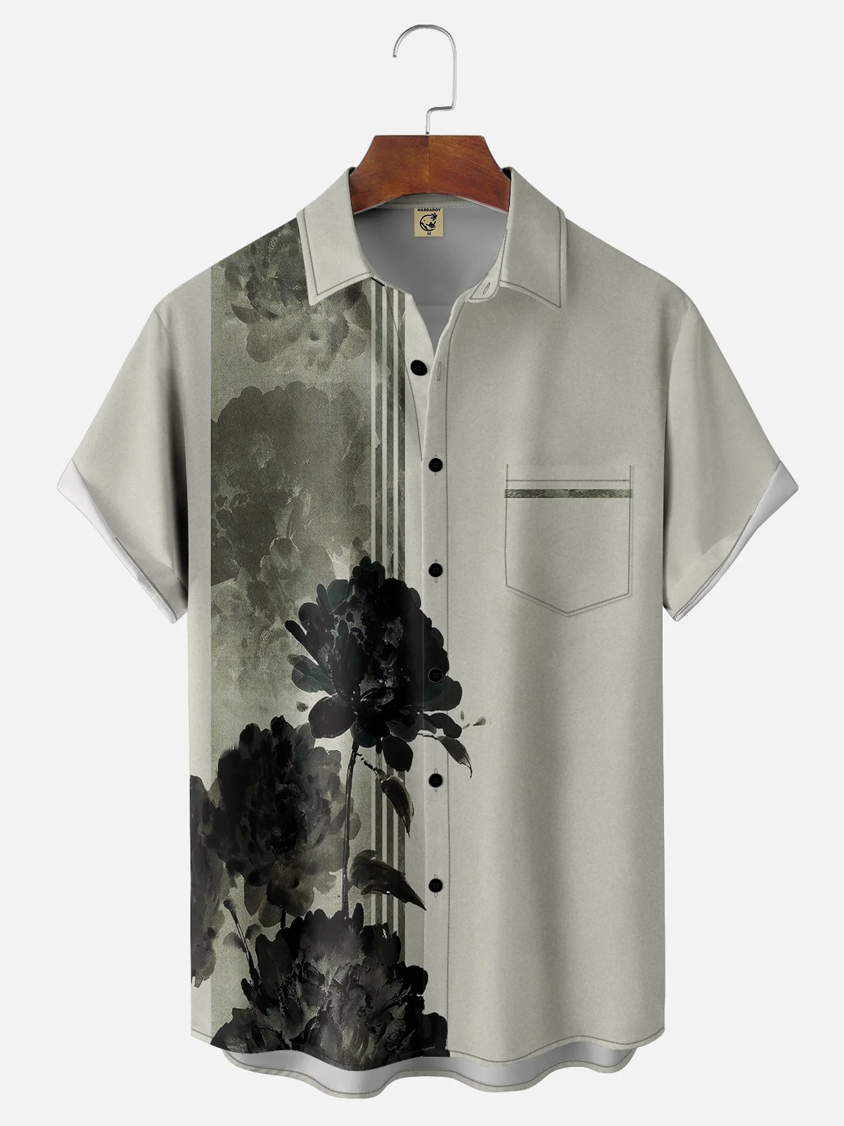 Moisture-wicking Abstract Gradient Ink Painting Flowers Chest Pocke Bowling Shirt