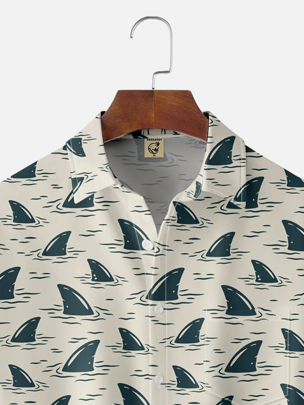 Moisture-wicking Artistic Shark Fin Illustration Chest Pocket Hawaiian Shirt