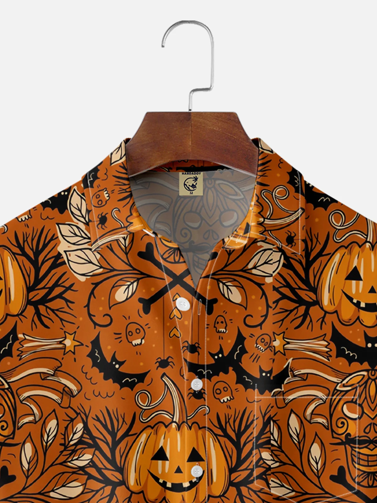 Moisture Wicking Halloween Pumpkin Bat Chest Pocket Hawaiian Shirt