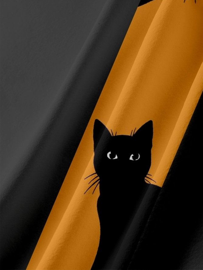 Tall Size Moisture-wicking Halloween Black Cat Chest Pocket Bowling Shirt