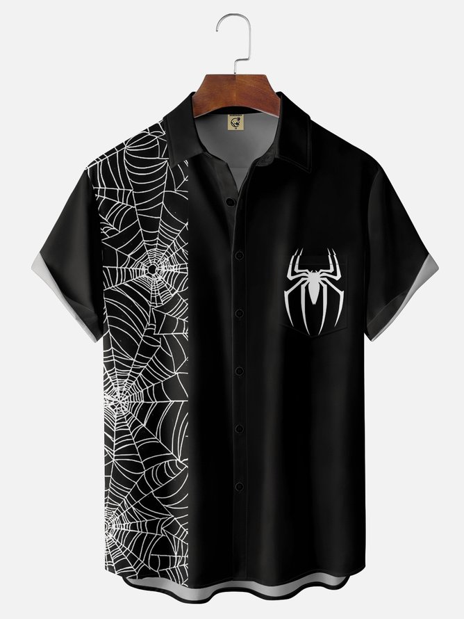 Tall Size Moisture-wicking Halloween Spider Chest Pocket Bowling Shirt