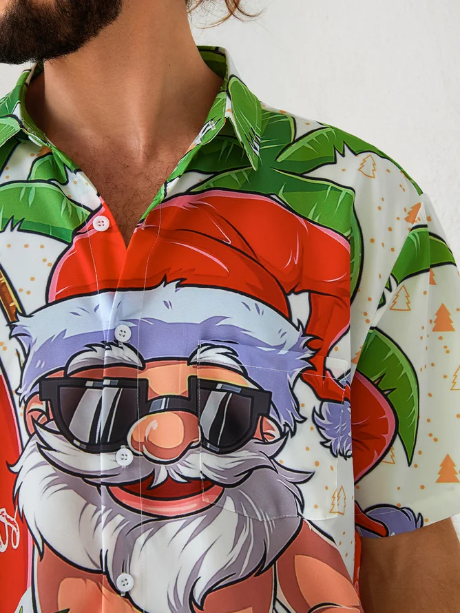 Tall Size Moisture-wicking Christmas Santa Chest Pocket Hawaiian Shirt