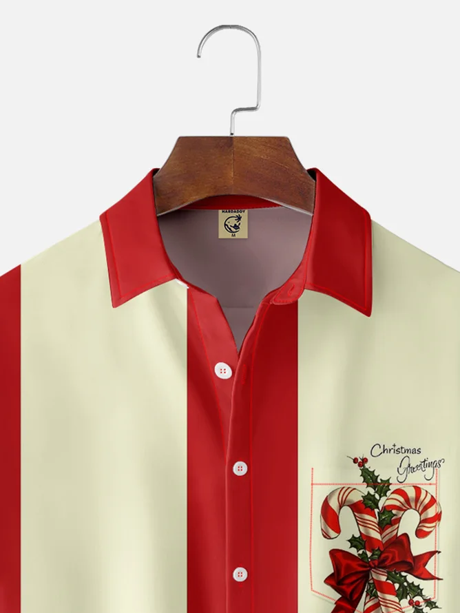 Tall Size Moisture-wicking Christmas Candy Canes Chest Pocket Bowling Shirt