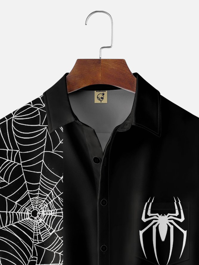 Tall Size Moisture-wicking Halloween Spider Chest Pocket Bowling Shirt