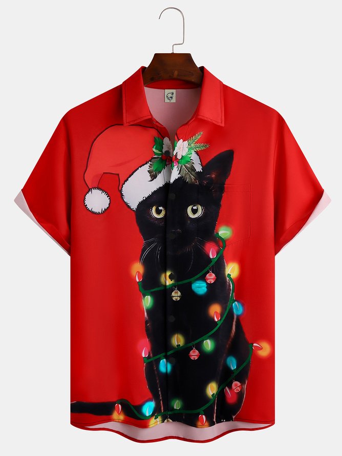 Tall Size Moisture-wicking Christmas Black Cat Chest Pocket Hawaiian Shirt