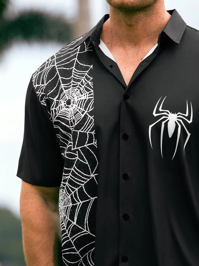 Tall Size Moisture-wicking Halloween Spider Chest Pocket Bowling Shirt