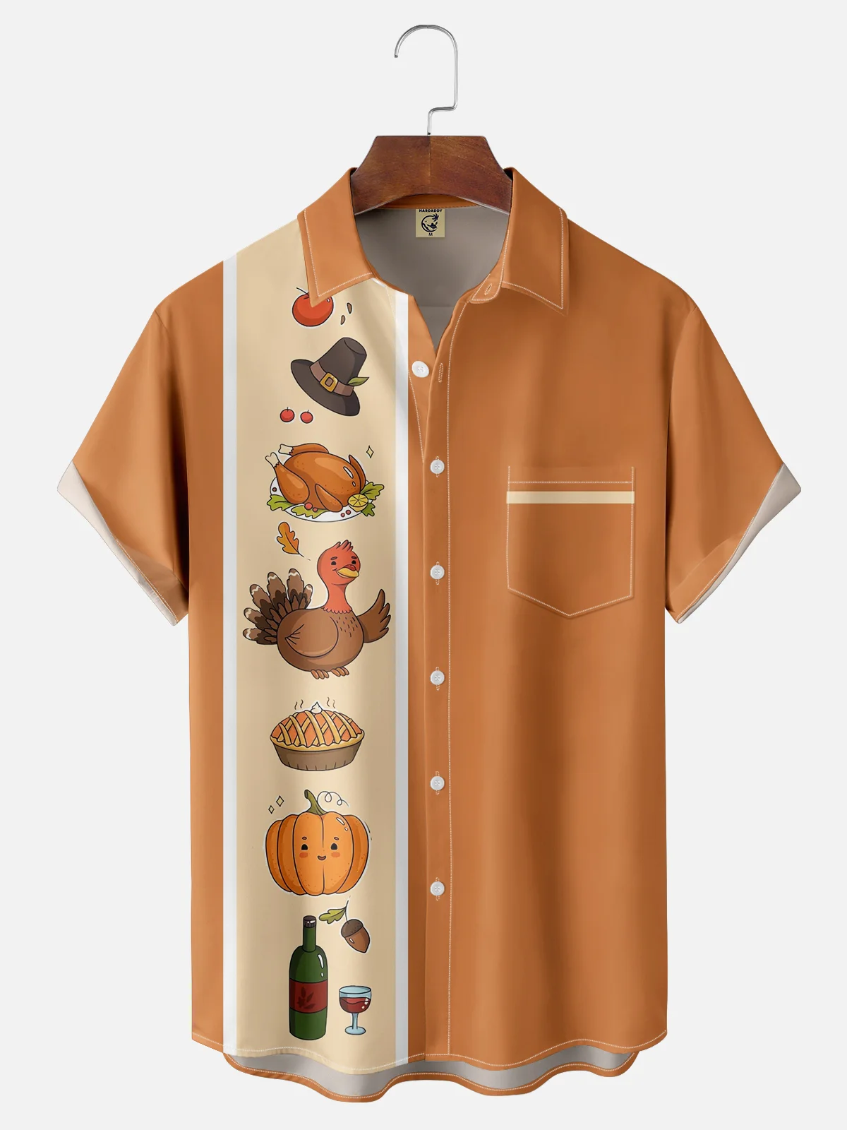 Tall Size Moisture-wicking Thanksgiving Turkey Pumpkin Chest Pocket Bowling Shirt