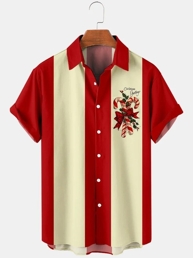 Tall Size Moisture-wicking Christmas Candy Canes Chest Pocket Bowling Shirt