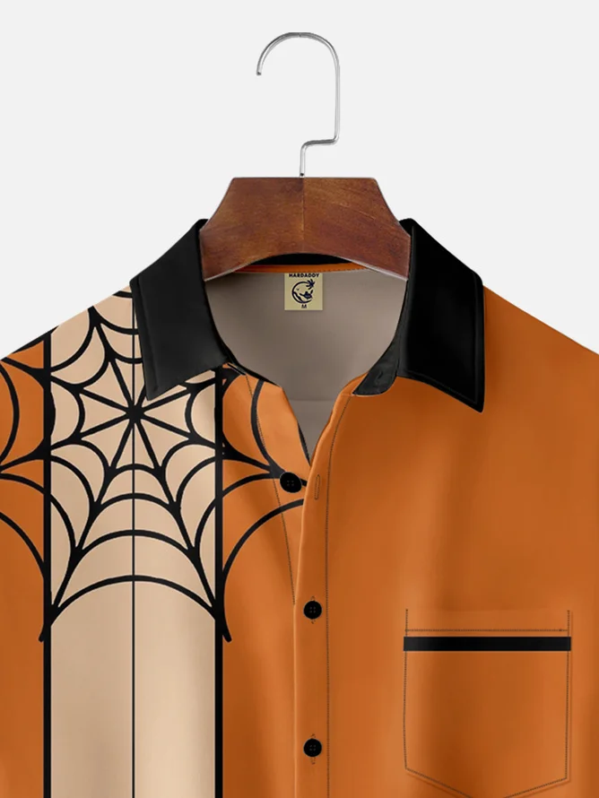 Tall Size Moisture-wicking Breathable Halloween Spider Chest Pocket Bowling Shirt