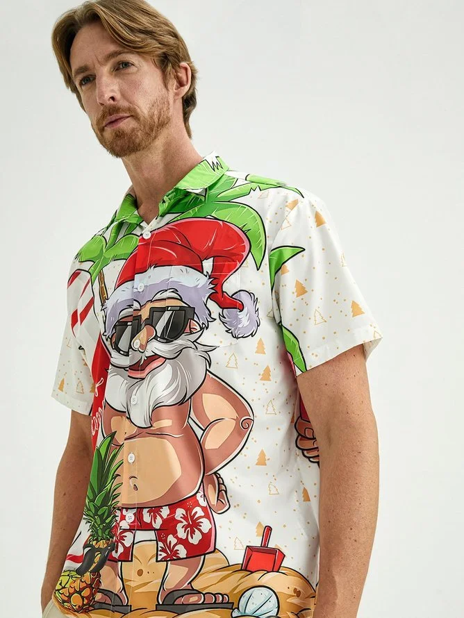 Tall Size Moisture-wicking Christmas Santa Chest Pocket Hawaiian Shirt