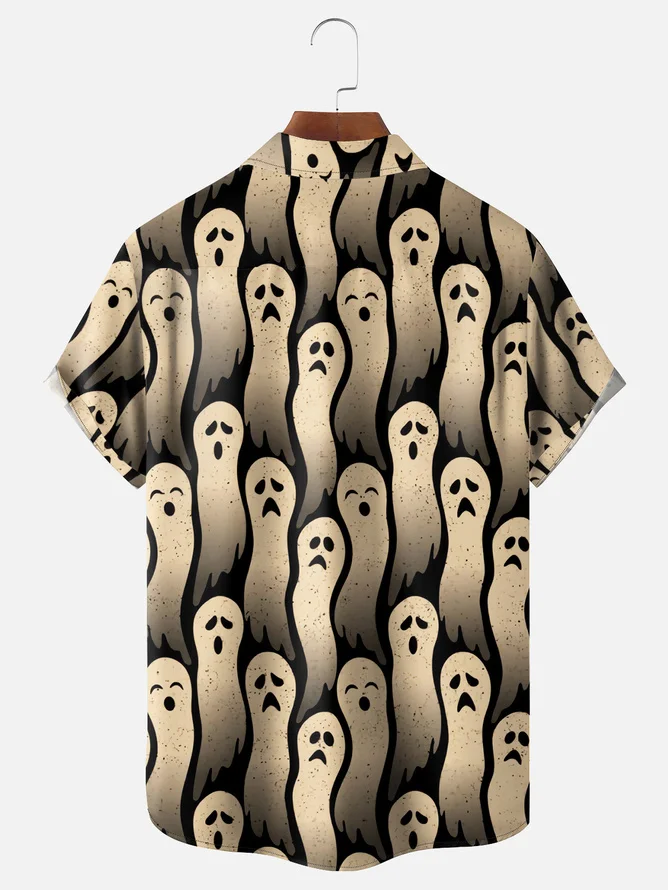 Tall Size Moisture-wicking Halloween Ghost Chest Pocket Casual Shirt