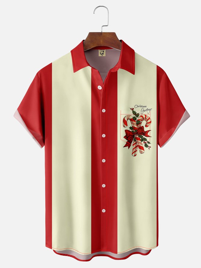 Tall Size Moisture-wicking Christmas Candy Canes Chest Pocket Bowling Shirt