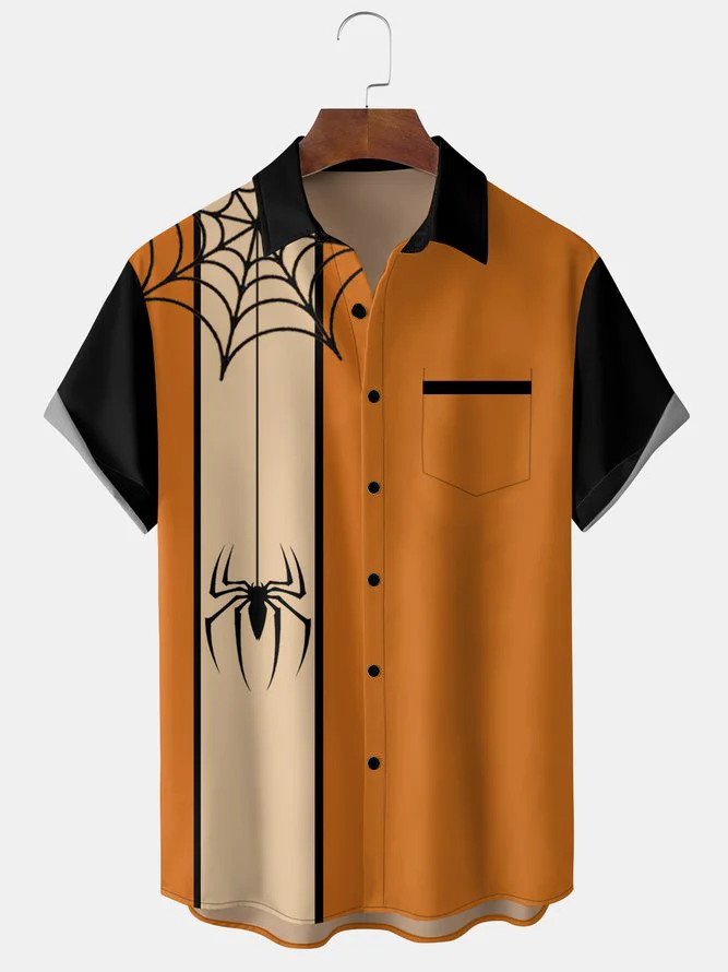 Tall Size Moisture-wicking Breathable Halloween Spider Chest Pocket Bowling Shirt