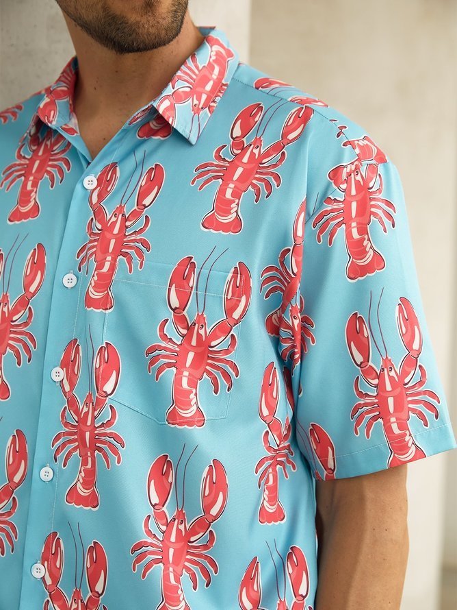 Tall Size Moisture-wicking Lobster Chest Pocket Hawaiian Shirt