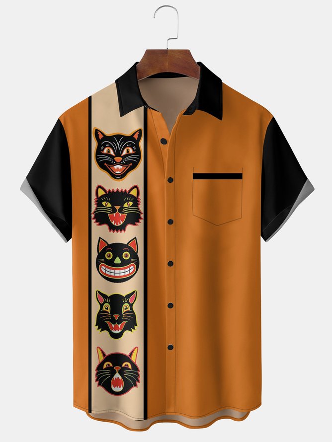 Tall Size Moisture-wicking Breathable Halloween Cats Chest Pocket Bowling Shirt