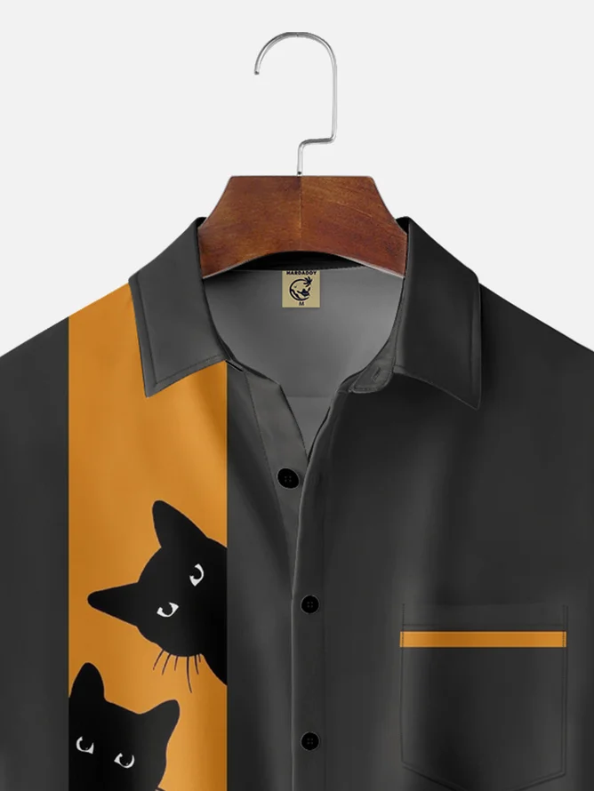 Tall Size Moisture-wicking Halloween Black Cat Chest Pocket Bowling Shirt