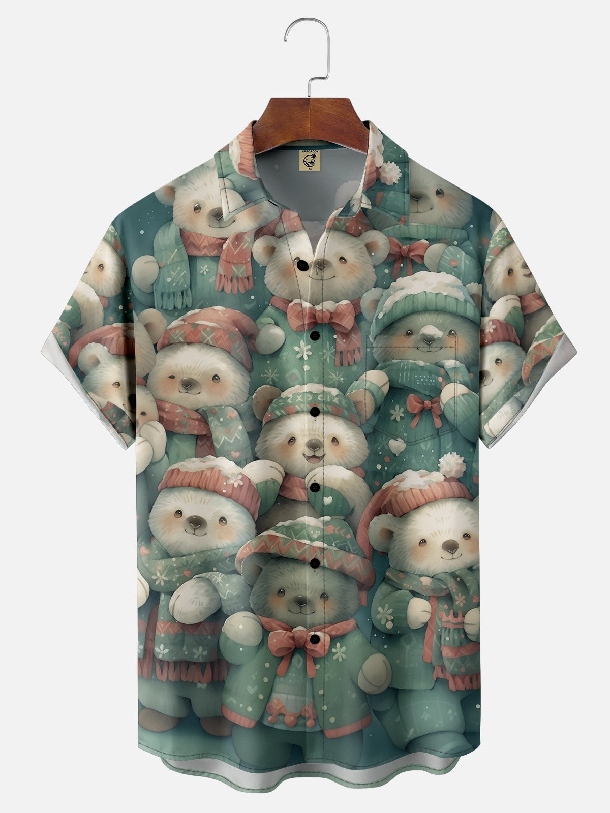 Moisture Wicking Christmas Hat Cartoon Bear Chest Pocket Hawaiian Shirt