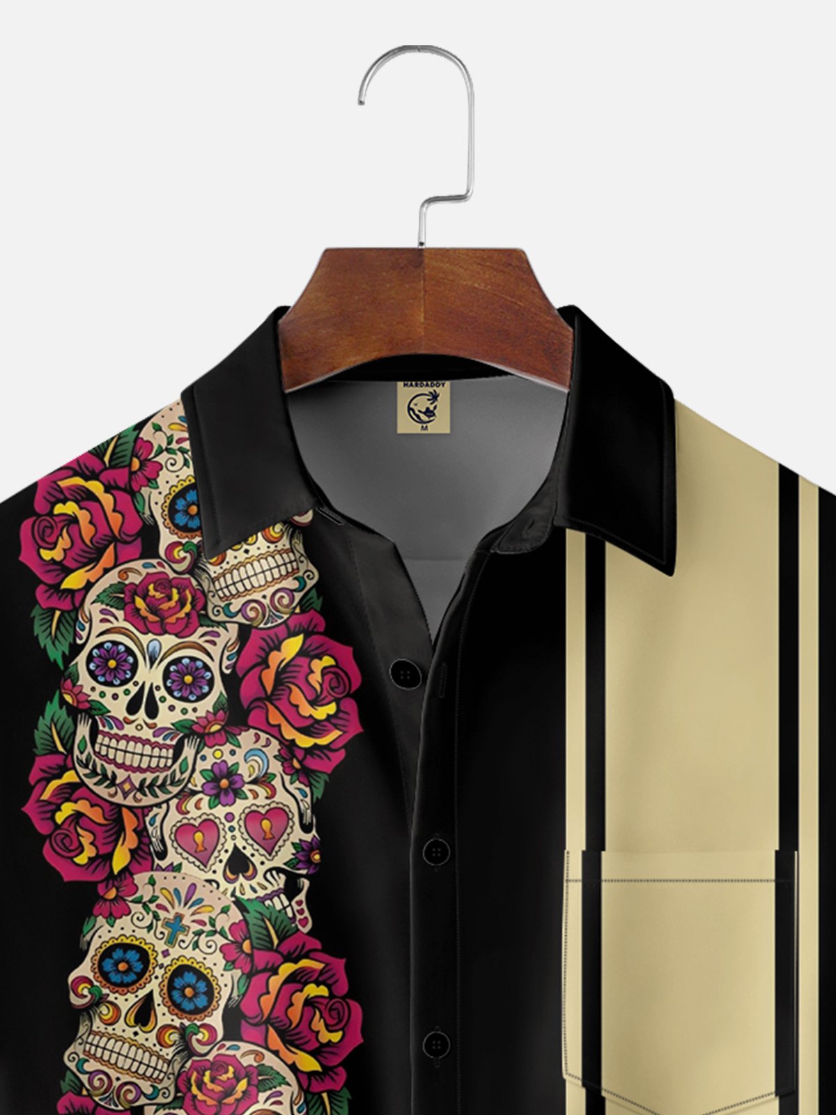 Moisture-wicking Day of the Dead Skull Chest Pocket Bowling Shirt