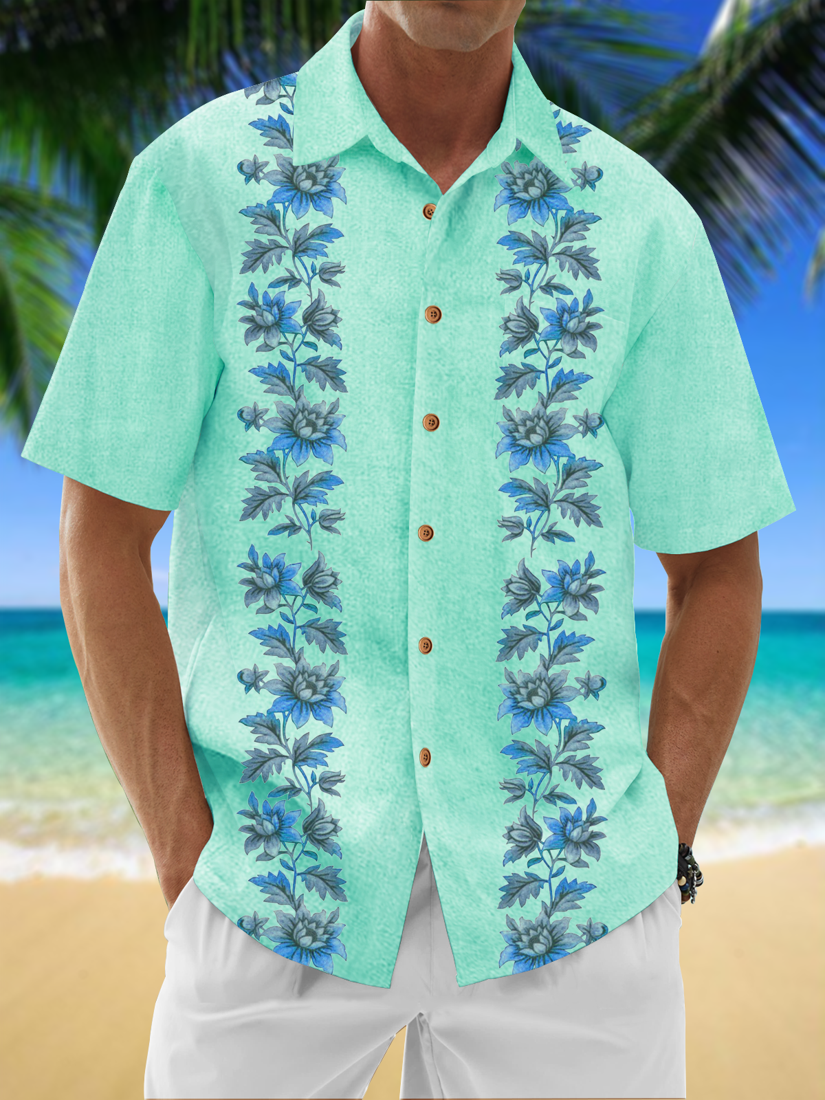 Moisture Wicking Floral Chest Pocket  Guayabera Shirt