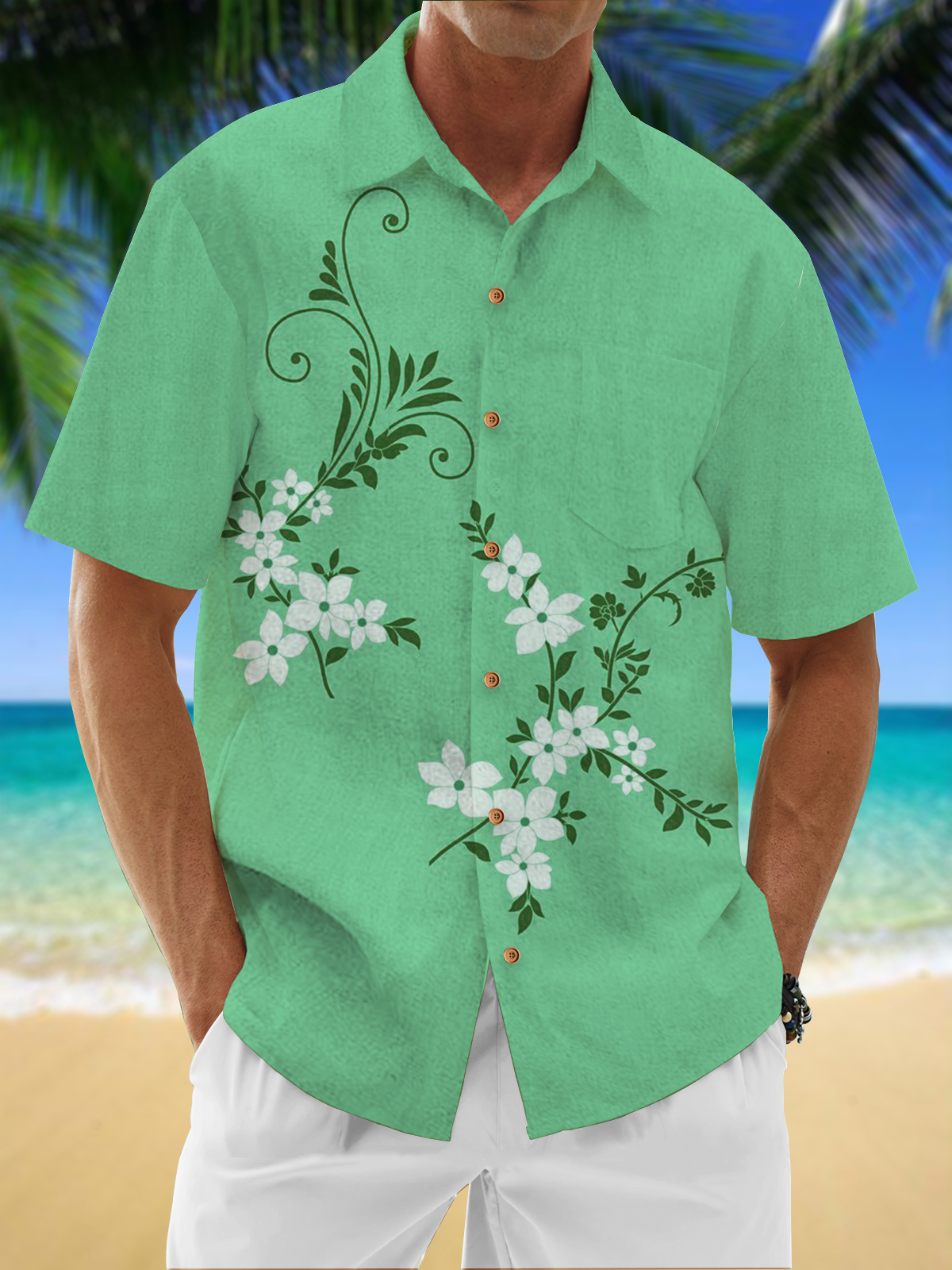 Moisture Wicking Floral Chest Pocket Hawaiian Shirt