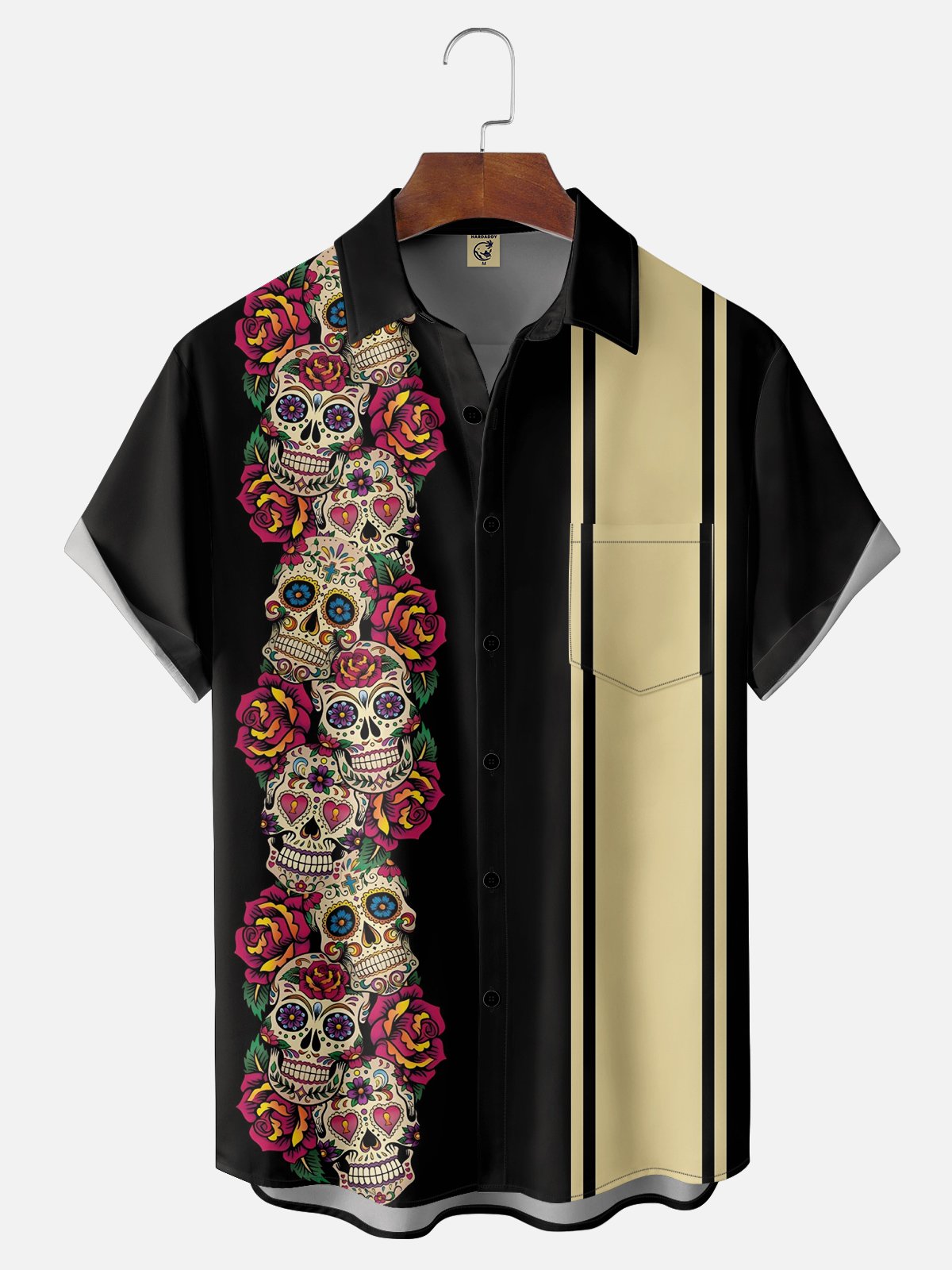 Moisture-wicking Day of the Dead Skull Chest Pocket Bowling Shirt