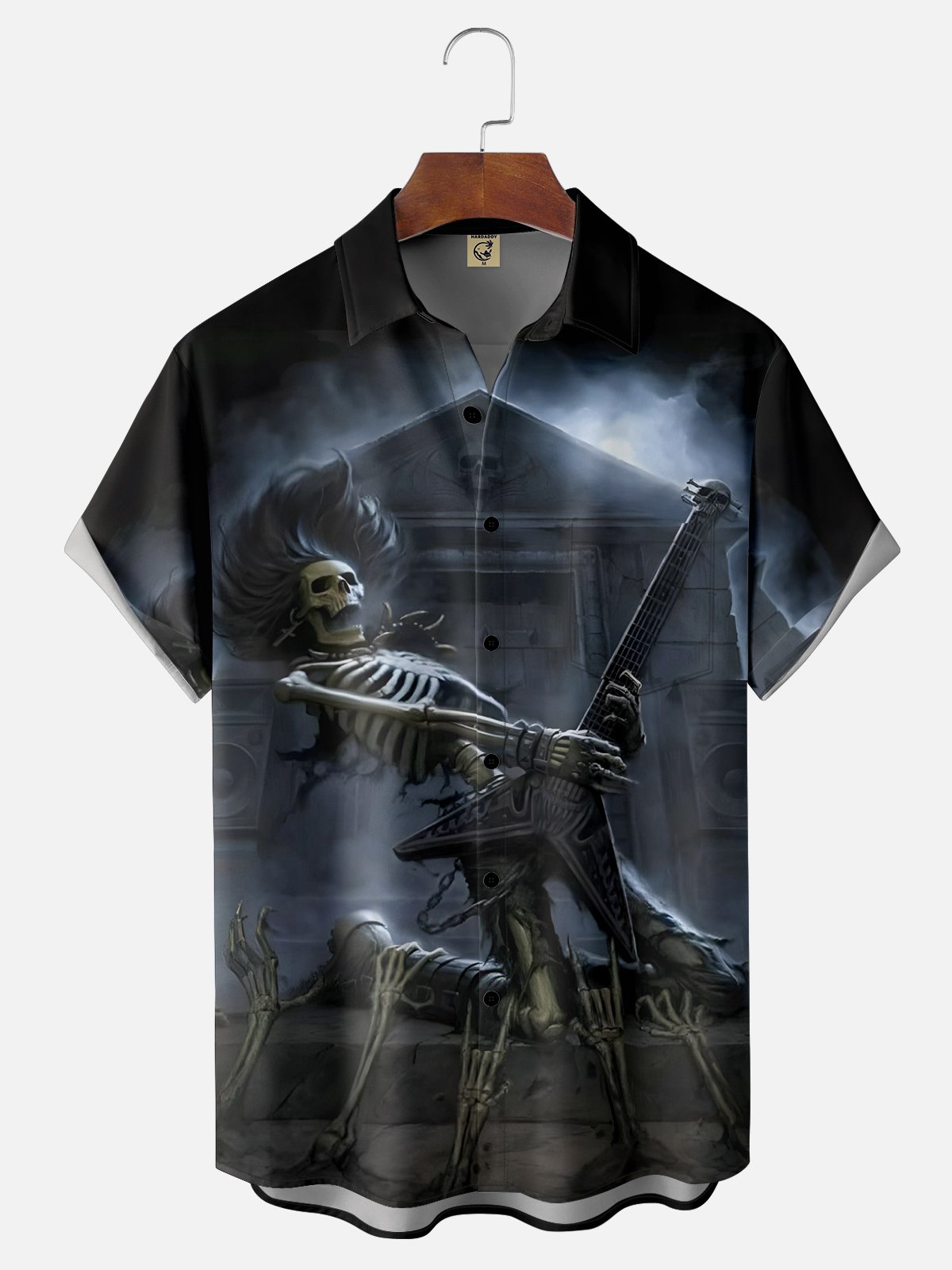 Moisture-wicking Halloween Skull Guitar Chest Pocket Casual Shirt