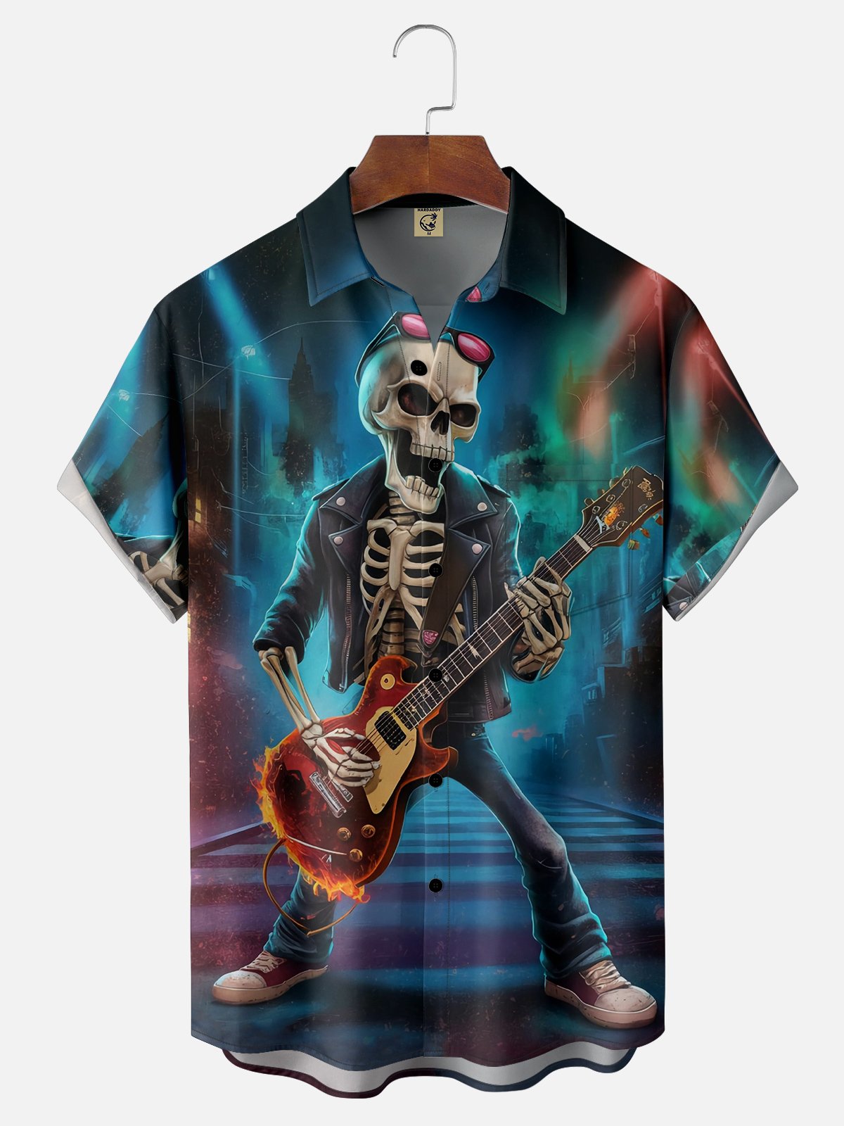 Moisture Wicking Rock Punk Culture Skull Music Guitar Party Chest Pocket Hawaiian Shirt