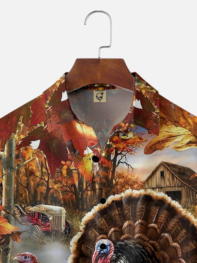 Tall Size Moisture Wicking Thanksgiving Turkey Chest Pocket Hawaiian Shirt