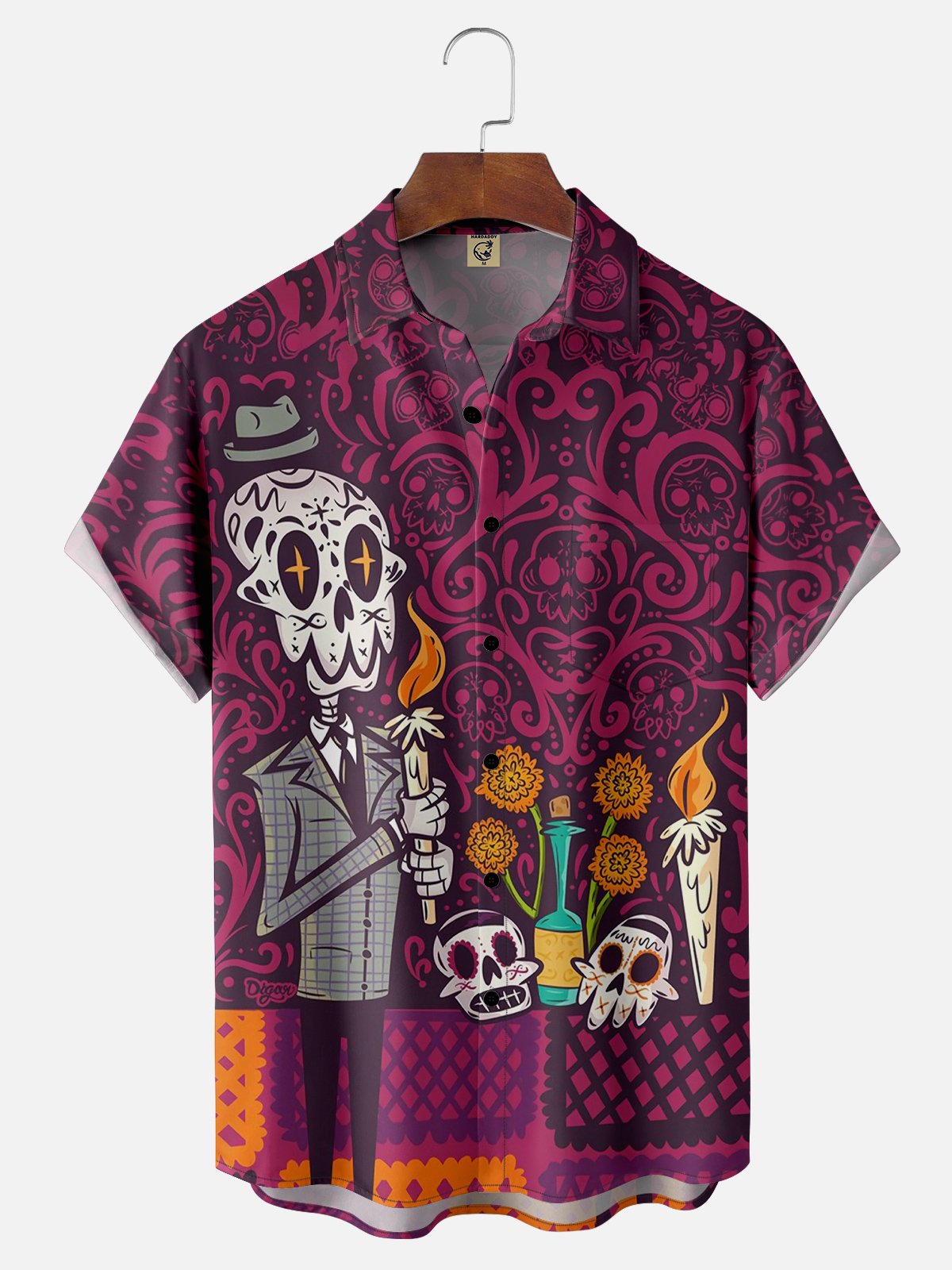 Moisture-wicking Day of the Dead Abstract Skull Art Painting Chest Pocket Hawaiian Shirt