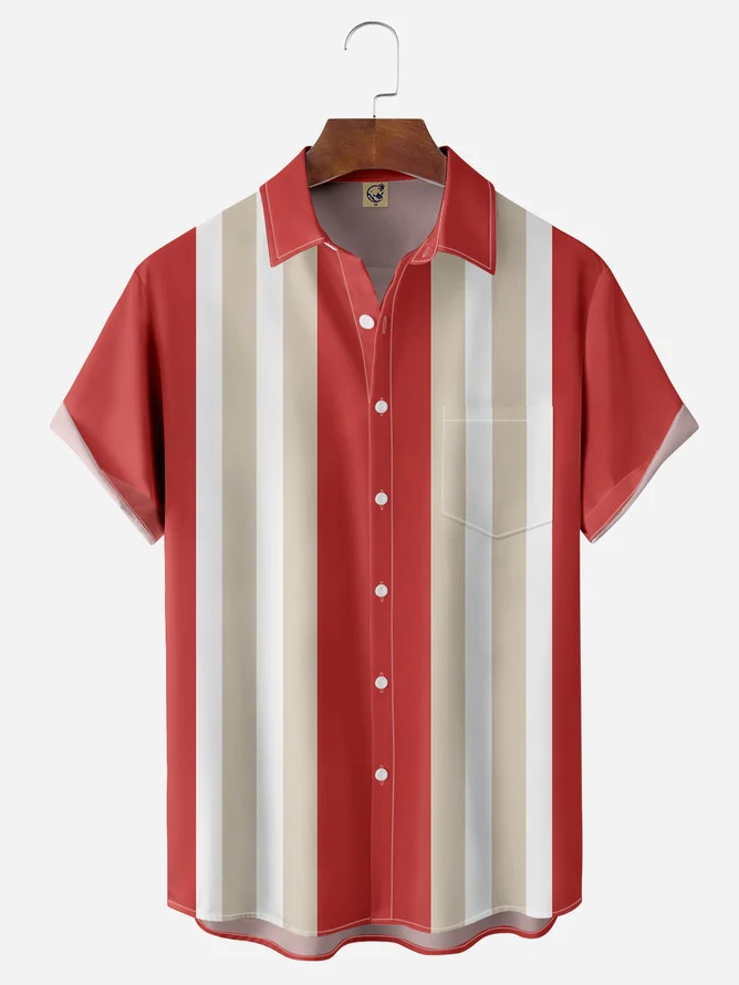 Tall Size Moisture Wicking Geometric Stripe Chest Pocket Bowling Shirt