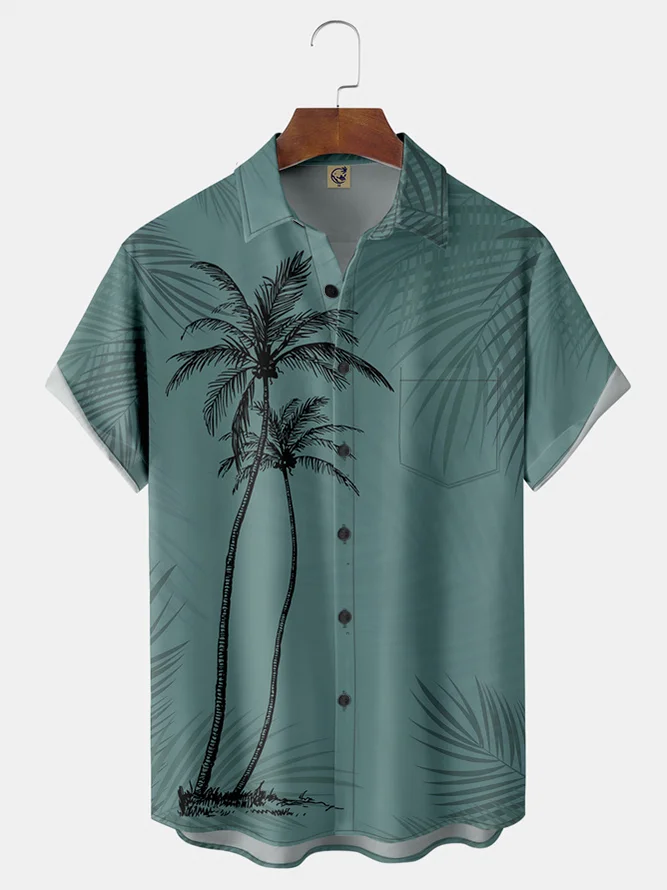 Tall Size Moisture Wicking Coconut Tree Chest Pocket Hawaiian Shirt