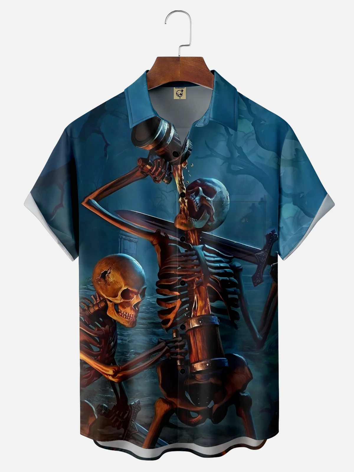 Tall Size Moisture-wicking Skeleton Drinking Beer Chest Pocket Hawaiian Shirt