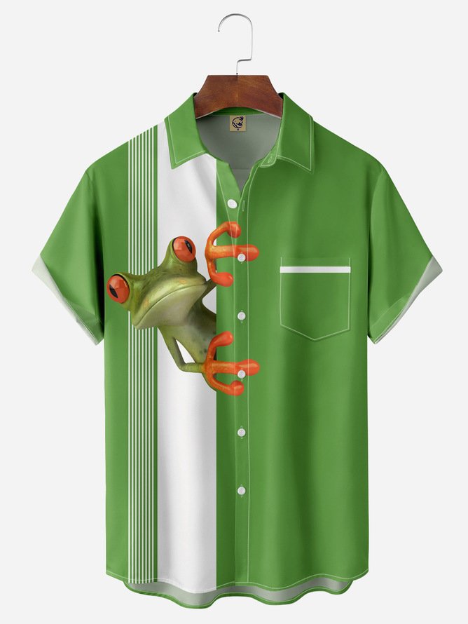 Tall Size Moisture Wicking Animal Frog Chest Pocket Bowling Shirt