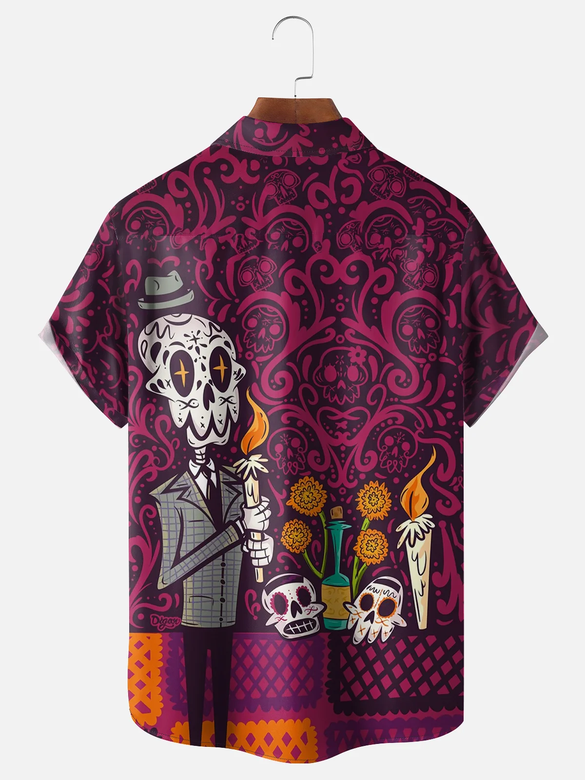 Moisture-wicking Day of the Dead Abstract Skull Art Painting Chest Pocket Hawaiian Shirt