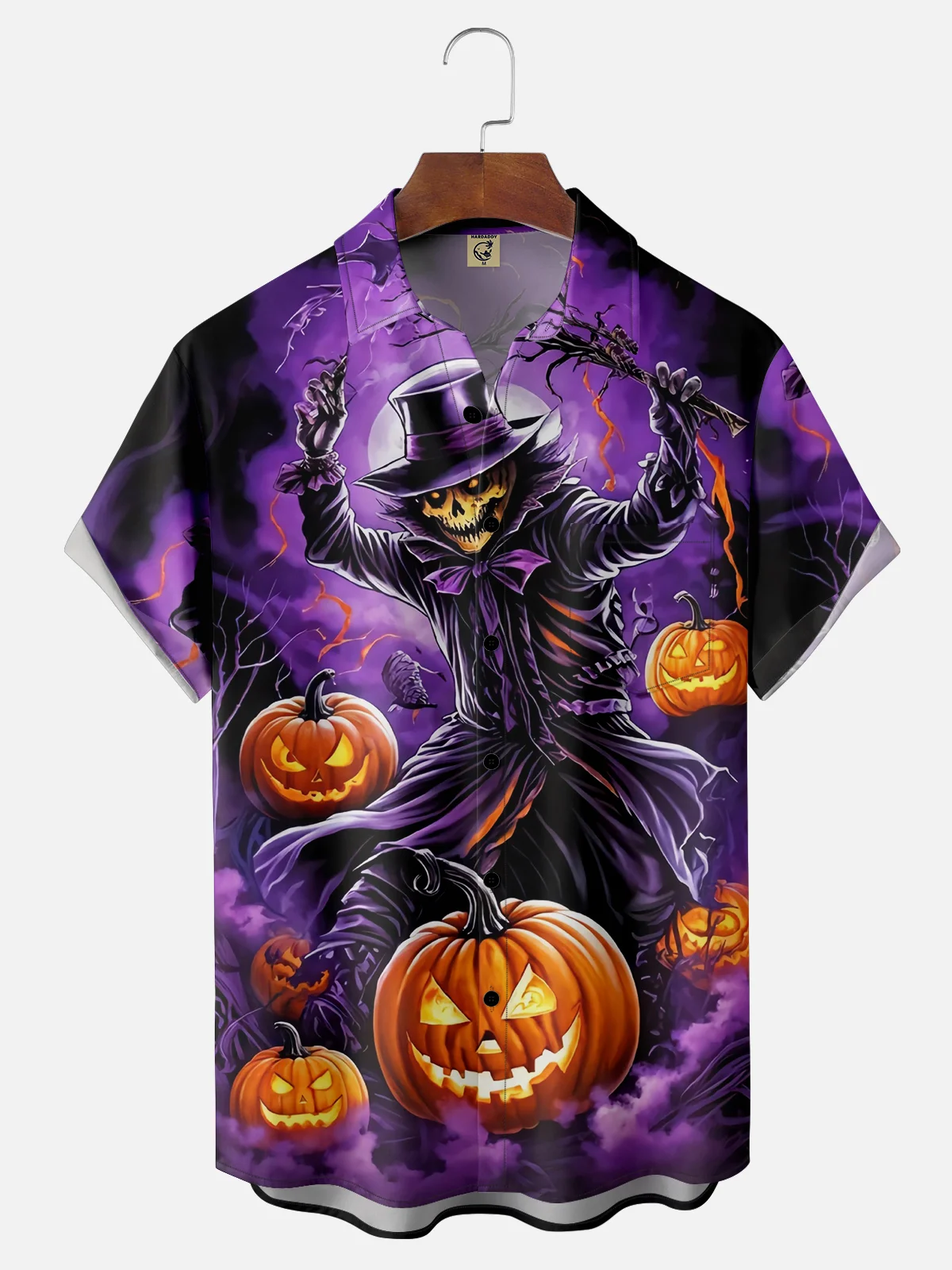 Moisture Wicking Halloween Skull Pumpkin Chest Pocket Hawaiian Shirt