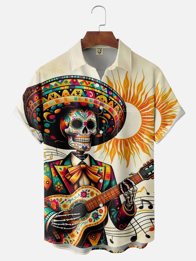 Tall Size Moisture-wicking Day of the Dead Skull Guitar Chest Pocket Hawaiian Shirt