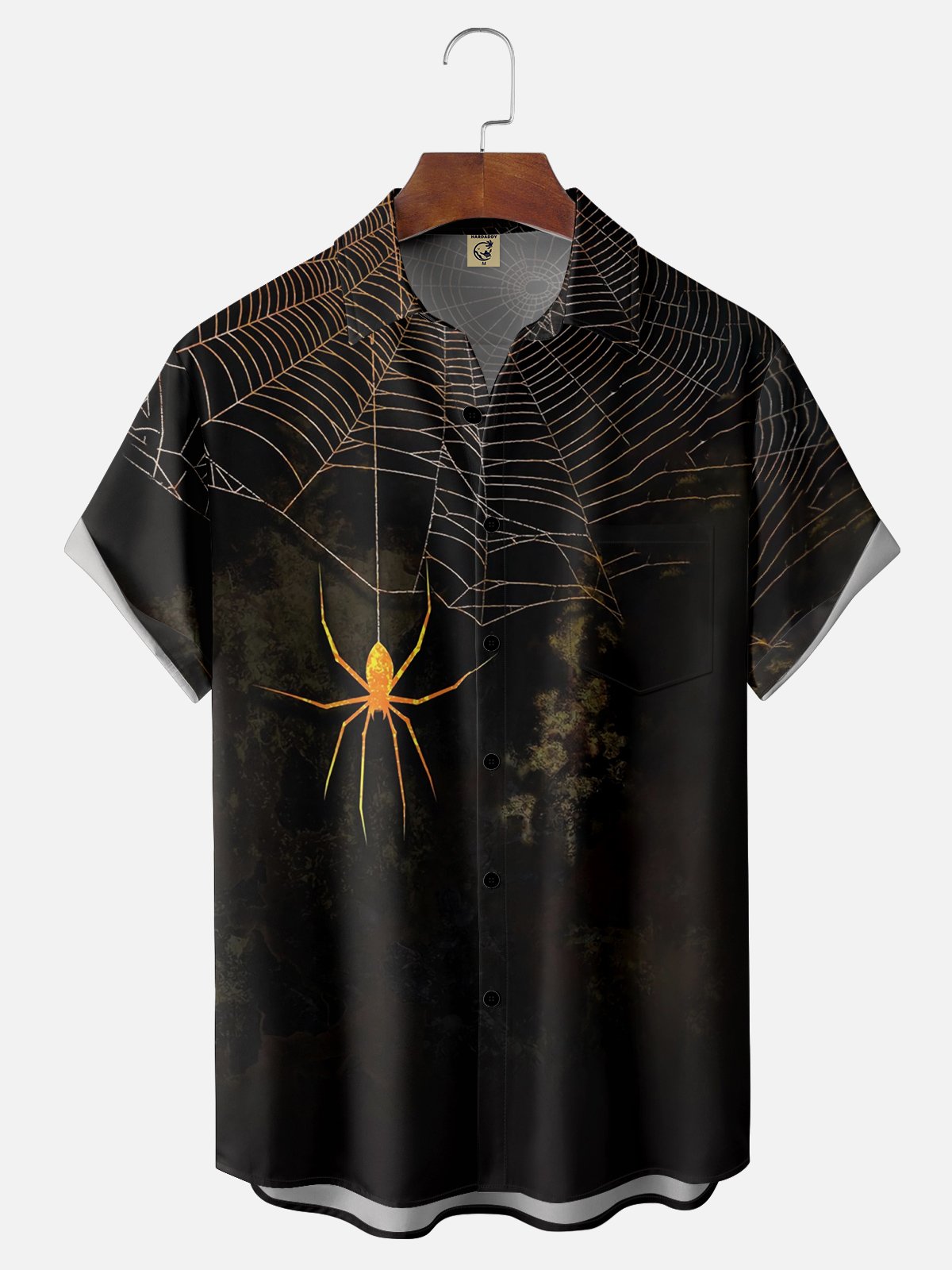 Moisture-wicking Halloween Gold Spider Art Print Chest Pocket Hawaiian Shirt