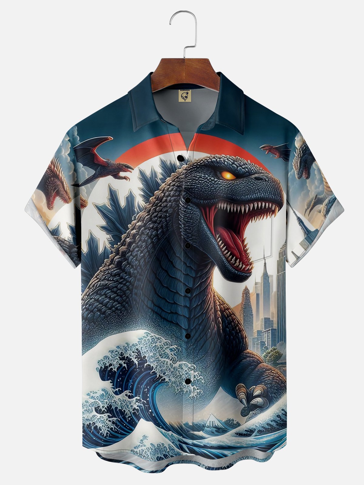 Moisture Wicking Ukiyo-e Dinosaur Chest Pocket Hawaiian Shirt