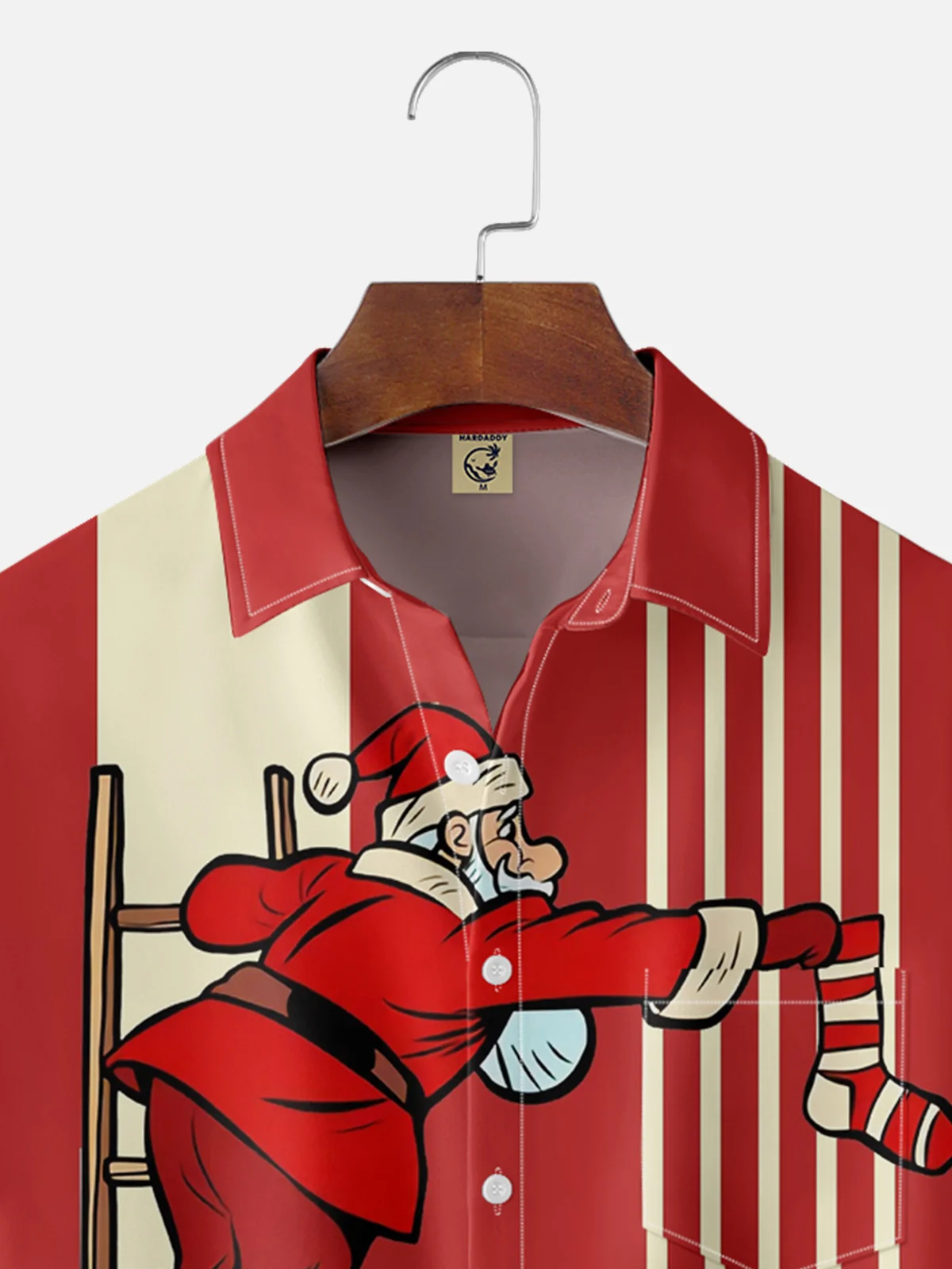 Moisture Wicking Christmas Santa Chest Pocket Bowling Shirt