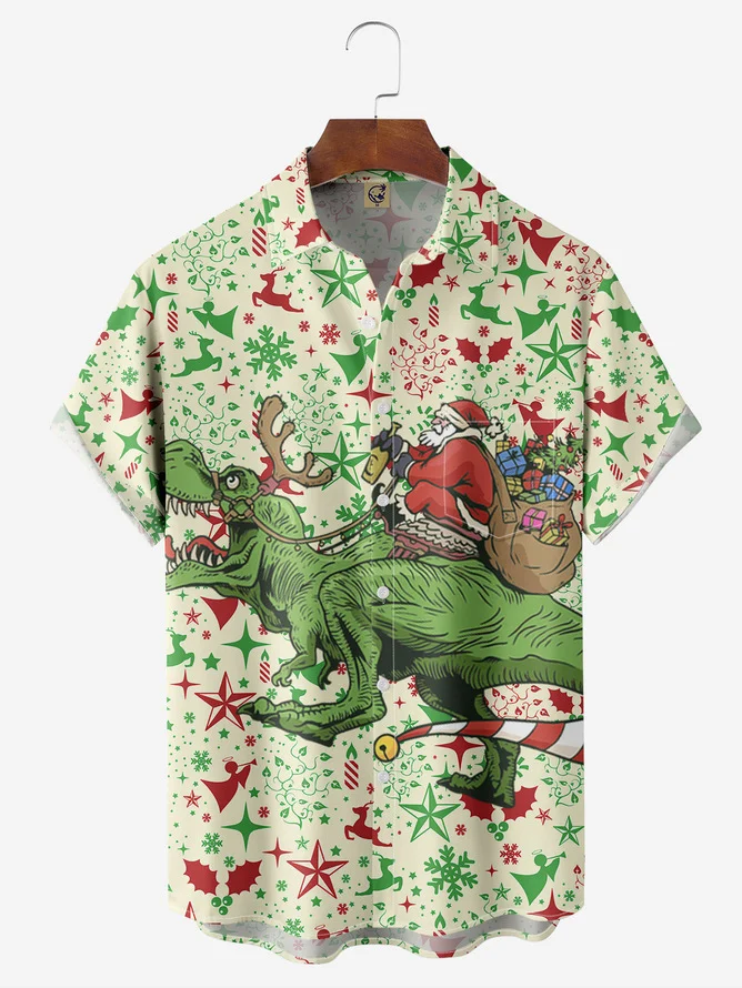 Tall Size Moisture Wicking Christmas Dinosaur Chest Pocket Hawaiian Shirt