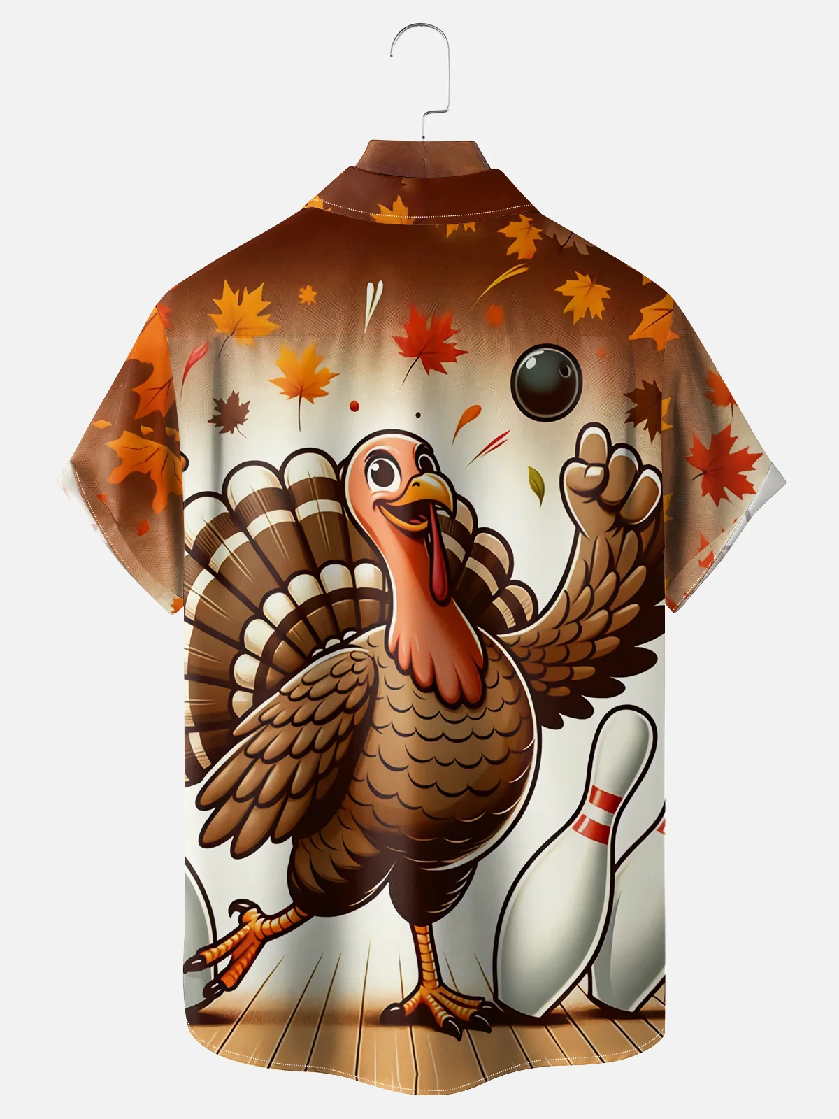 Moisture Wicking Thanksgiving Bowling Turkey Chest Pocket Hawaiian Shirt